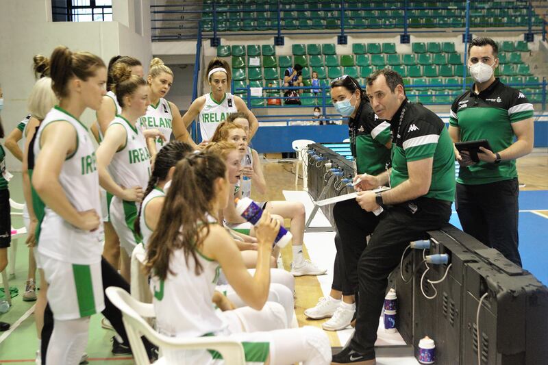 James Weldon talks to Ireland's players during the 2021 FIBA Women's European Championship For Small Countries final against Luxembourg. Photograph: Savvas Demetriou/Inpho/FIBA