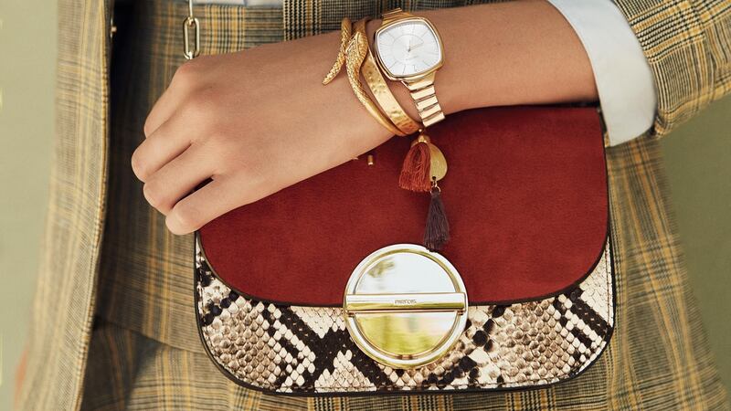 Watch €34.99, spicy Mumbai bracelet €9.99, stainless steel bracelet €22.99, bag €27.99, skirt €34.99, jacket €49.99. All from Parfois.