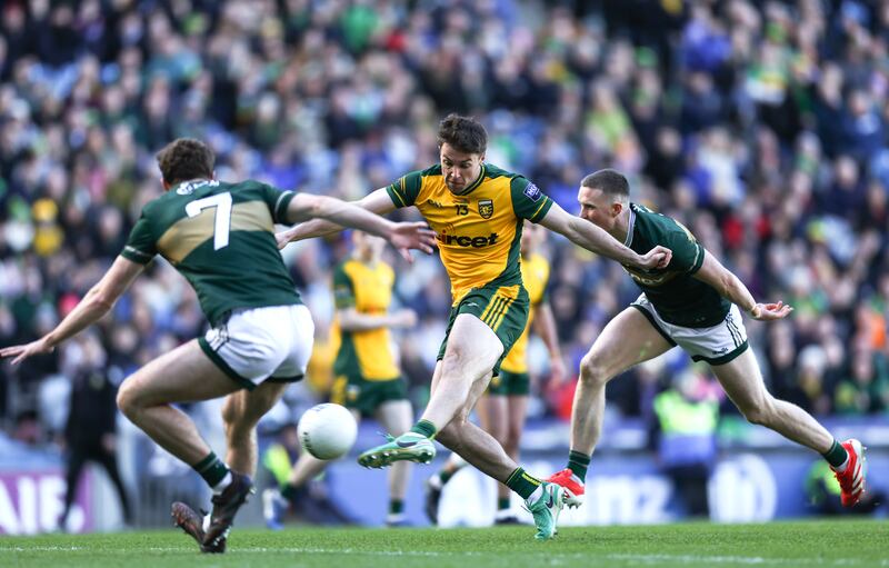 Donegal's Conor O'Donnell shoots to score his side's first goal of the match. Photograph: Tom Maher/Inpho