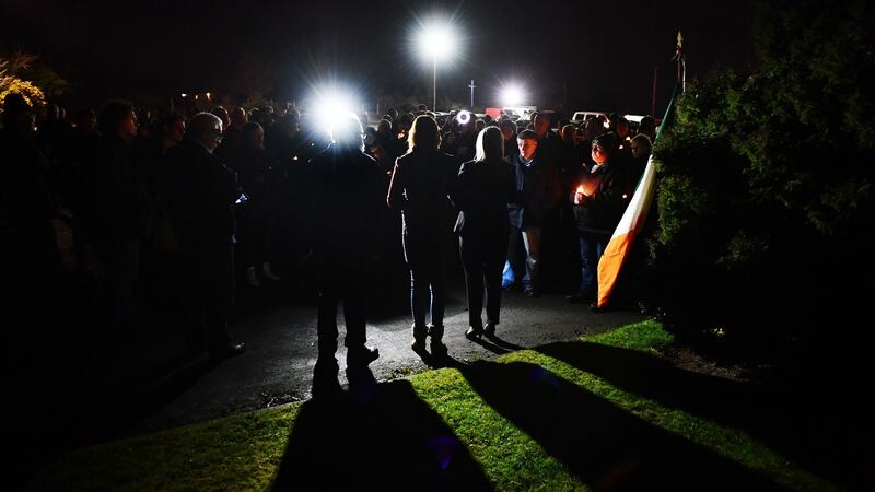 Sinn Féin’s leader in Northern Ireland Michelle O’Neill addresses attendees at a vigil in Clonoe in Co Tyrone. Photograph: Getty