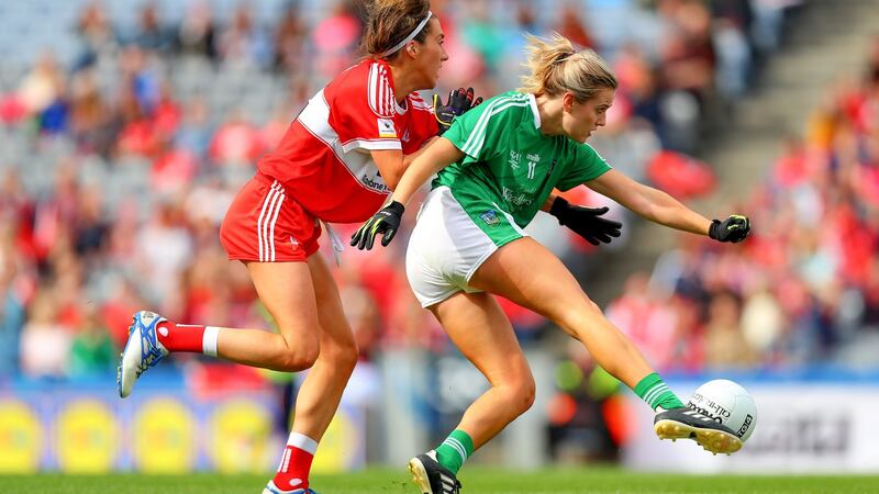 Limerick’s Rebecca Delee scores one of her two goals against Louth. Photograph: Tommy Dickson/Inpho