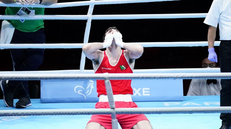Ireland’s Aidan Walsh celebrates after  beating Yevhenii Barabanov of Ukriane during the European Boxing Road To Tokyo Qualifier at Le Grand Dome, Villebon-sur-Yvette in Paris. Photograph: Dave Winter/Inpho