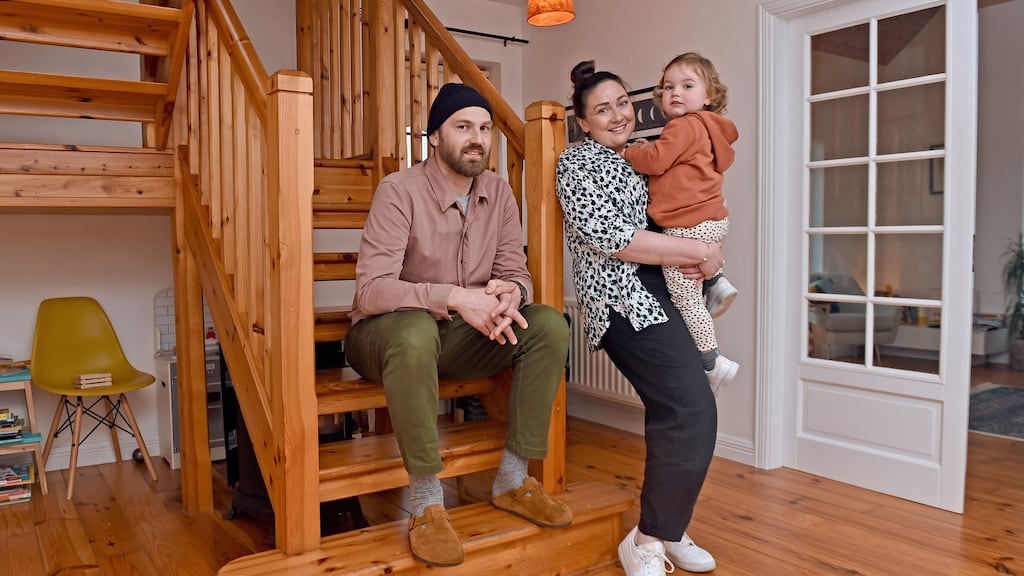 Caitriona Gray, Louis Freiter and their two-year-old daughter Polly at home in Louisburgh, Co Mayo. Photograph: Conor McKeown