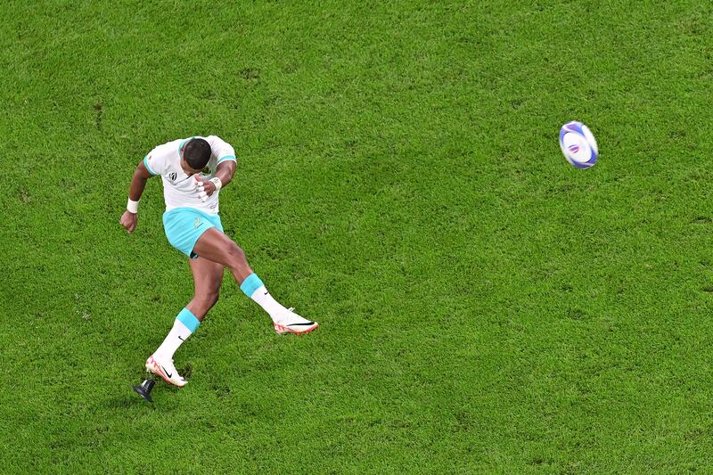 South Africa's outhalf Manie Libbok takes a penalty against Ireland. Photograph: Miguel Medina/AFP via Getty