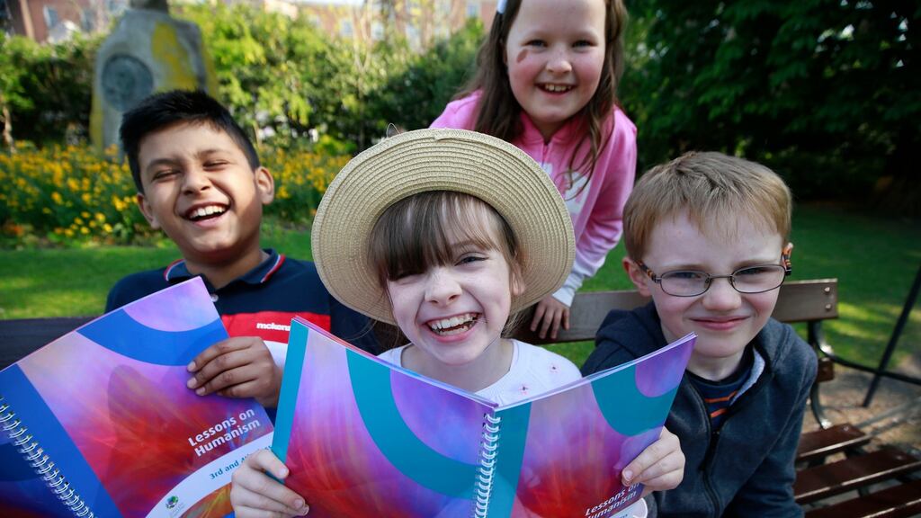 Mustakeem Shah (9), Theodora McDonnell (9), Zoe Brennan (9) and Fergus Linehan (9): the Humanist Association of Ireland together with Educate Together has launched humanism lesson plans for Educate Together schools. Photograph: Nick Bradshaw