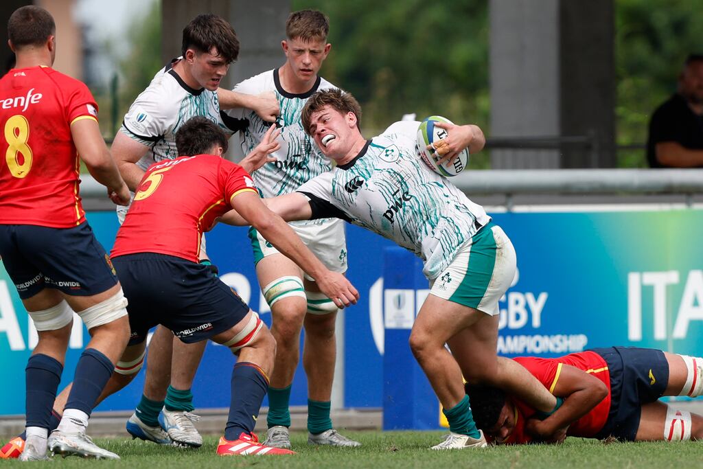 Henry Walker in action for Ireland against Spain during Saturday's Under-20 World Championship 11th-place play-off in Calvisano, Italy. Photograph: Sebastiano Pessina/Inpho