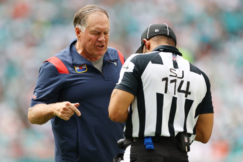 Head coach Bill Belichick of the New England Patriots talks to an official during the second quarter against the Miami Dolphins. Photograph: Megan Briggs/Getty