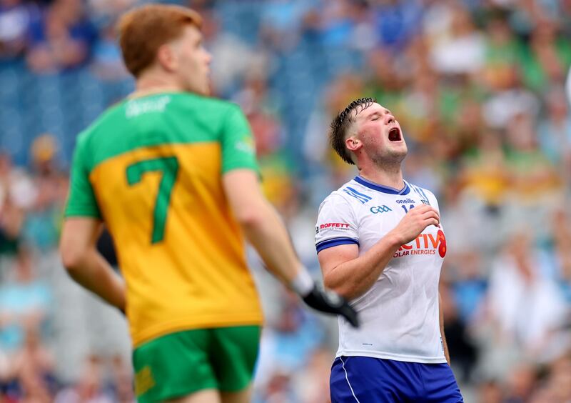 Monaghan’s Andrew Woods reacts to a missed chance. Photograph: James Crombie/Inpho