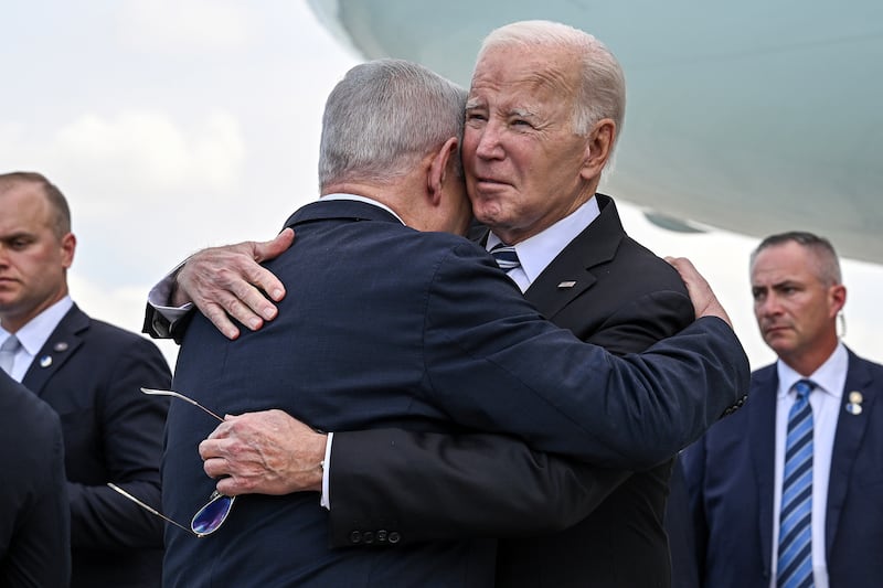 Joe Biden is greeted by Binyamin Netanyahu upon his arrival in Tel Aviv on October 18th, 2023. Photograph: Kenny Holston/The New York Times