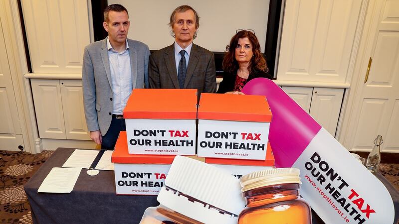 Members of the Irish Health Trade Association protesting against plans to tax health supplements. However, the proposed VAT increase doesn’t affect medically advisable vitamin and mineral supplements, but  largely non-medical food supplements, sports aids, and slimming aids.  Photograph: Maxwell Photography