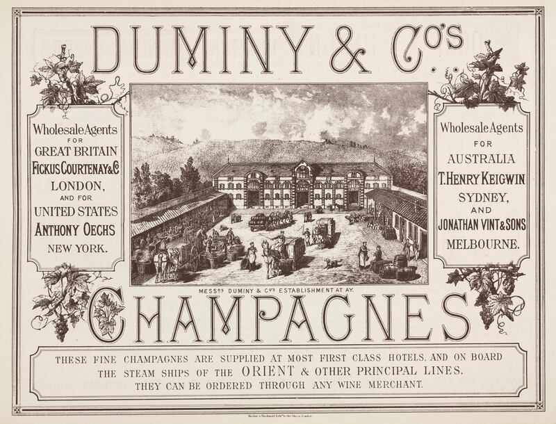 An advertisement for Duminy & Co, wholesale agents of champagne,  purchased by Jacques Bollinger  in 1936. Photograph:  SSPL/Getty Images