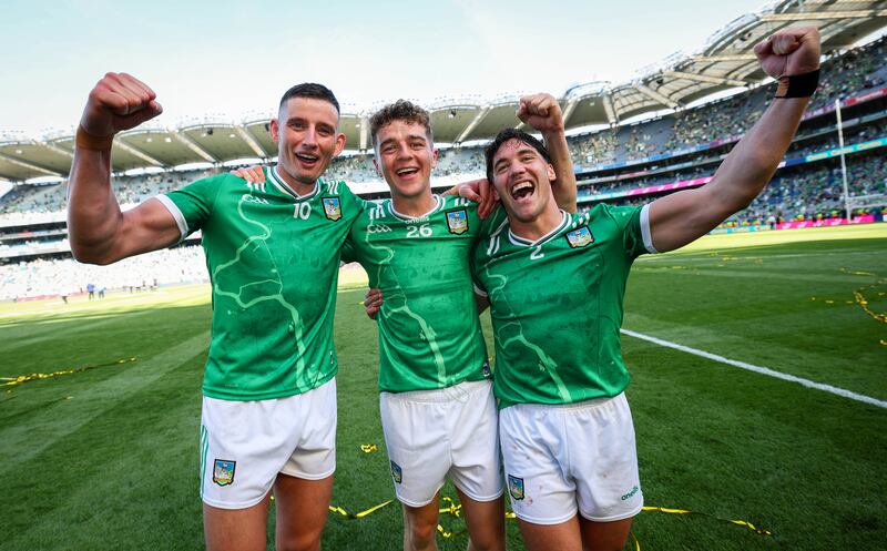 Limerick's Gearóid Hegarty, David Reidy and Seán Finn celebrate victory against Galway in last Sunday's All-Ireland SHC final at Croke Park. Photograph: Ryan Byrne/Inpho