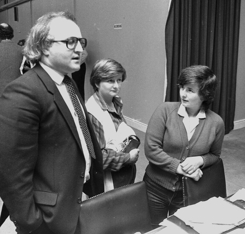 Joanne Hayes (right) with her solicitor Patrick Mann and her sister Kathleen at the Kerry Babies tribunal of inquiry in 1985. Photograph: Matt Kavanagh