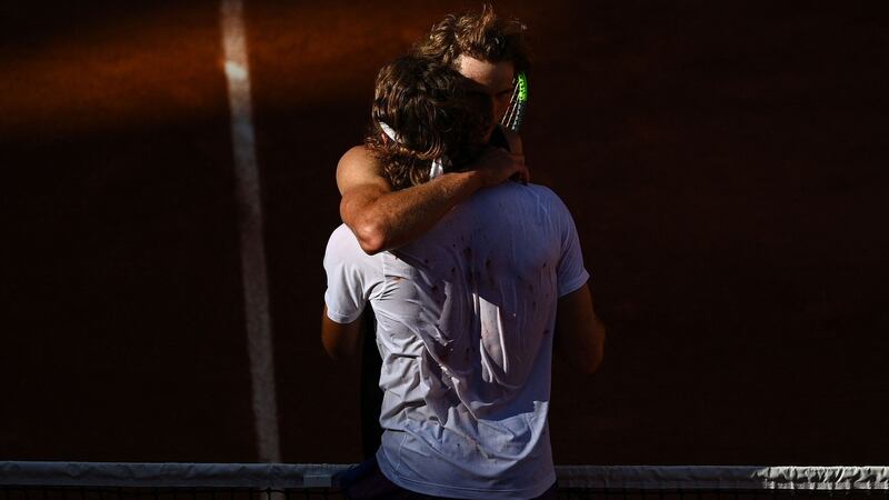 Greece’s Stefanos Tsitsipas hugs  Germany’s Alexander Zverev after  after winning their French Open semi-final at Roland Garros. Photograph: Christophe Archambault/AFP via Getty Images