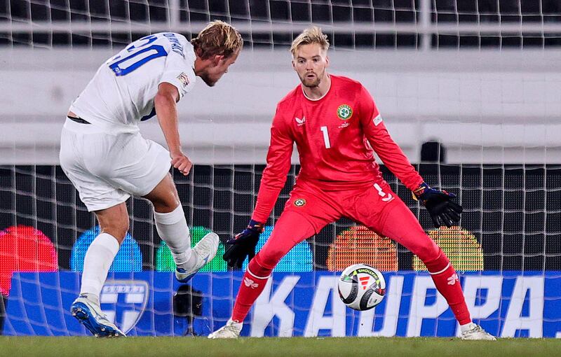 Joel Pohjanpalo scores Finland's goal past Ireland goalkeeper Caoimhín Kelleher. Photograph: Ryan Byrne/Inpho