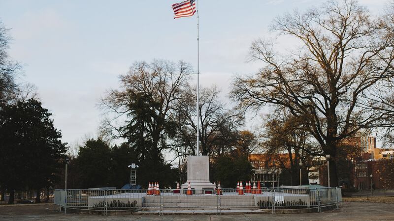 An empty  pedestal in a Memphis park after   a statue of Confederate general  Nathan Bedford Forrest  was removed. Photograph: Getty Images