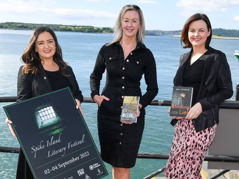 Michelle Russell, Spike Island marketing manager, with authors Michelle Dunne and Amy Cronin, at the Spike Island Literary Festival. Photograph: David Keane