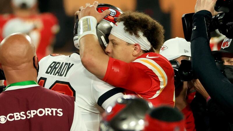 Tom Brady with Patrick Mahomes after the Super Bowl in Florida. Photograph:  Mike Ehrmann/Getty