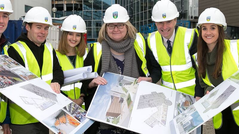 UCD students with Dr Maeve Houlihan, associate dean of the UCD College of Business and Director of UCD Lochlann Quinn School of Business (Centre) and UCD College of Business dean Prof Anthony Brabazon (centre right)