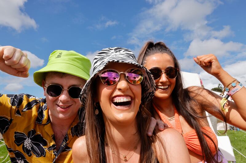 James Sweeney, Grace McCarthy and Sophie McCarthy from Johnstown, Co Kilkenny, at Electric Picnic 2023. Photograph: Alan Betson