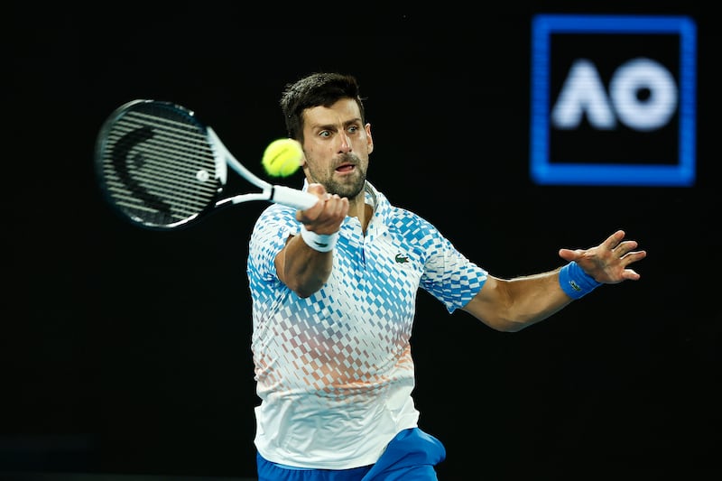 Novak Djokovic of Serbia plays a forehand in the Quarterfinal singles match against Andrey Rublev. Photograph: Daniel Pockett/Getty