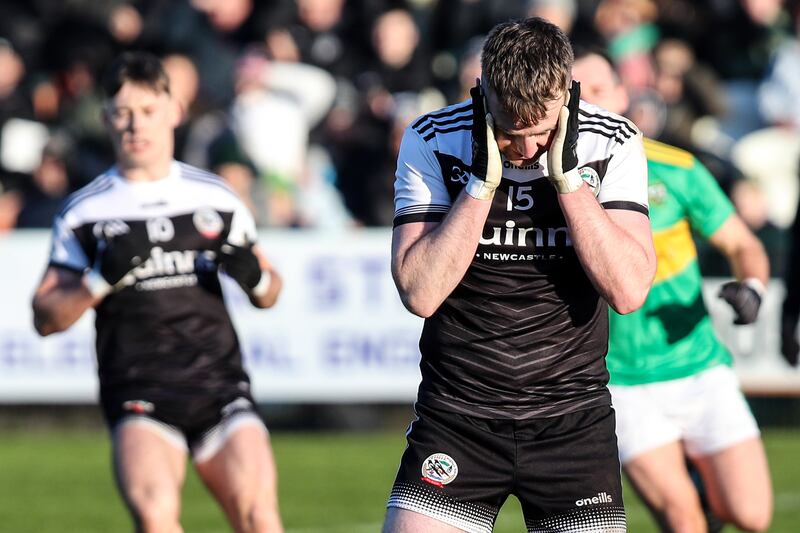 Kilcoo’s Paul Devlin reacts after missing a penalty. Photograph: Declan Roughan/Inpho