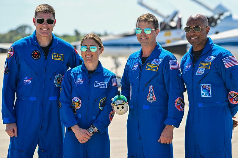 Jeremy Hansen, Christina Koch, Reid Wiseman and Victor Glover ahead of the Artemis II mission launch. Photograph: Miguel J. Rodriguez Carrillo/AFP via Getty Images