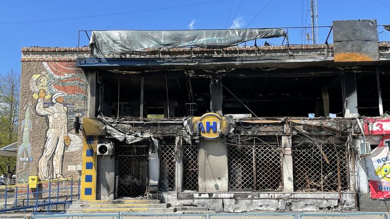 A pharmacy in Bashtanka in southern Ukraine that was gutted during fighting on March 1st when Russian troops entered the town. Photograph: Daniel McLaughlin