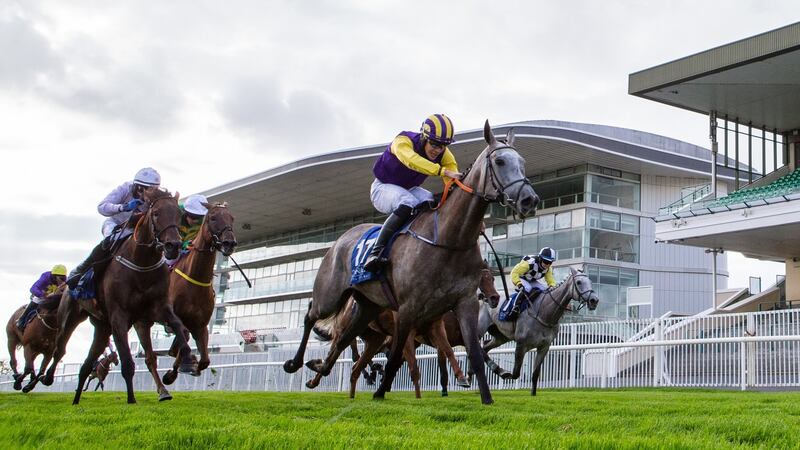Finny Maguire onboard Princess Zoe  comes home to win the  Connacht Hotel (Q.R.) Handicap, the feature race of the opening day. Photograph: James Crombie/Inpho