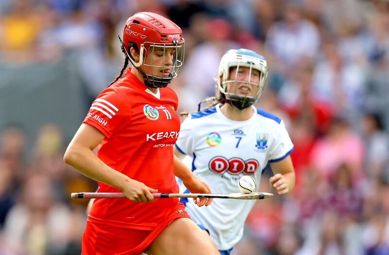 Cork’s Fiona Keating in action against Waterford's Aoife Landers in the All-Ireland semi-final clash at Croke Park. Cork struggled but eventually prevailed by five points. Photograph: James Crombie/Inpho 