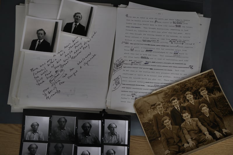 Original  manuscript of Amongst Women by John McGahern with photos of the author, part of the McGahern archives at the University of Galway. Photograph: Bryan O’Brien/The Irish Times 