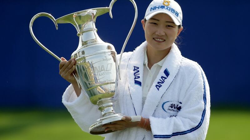 Mirim Lee celebrates after winning the ANA Inspiration. Photograph:  Jeff Gross/Getty