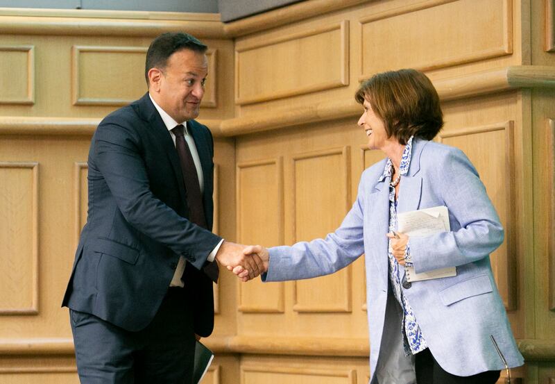 Taoiseach Leo Varadkar and Louise Richardson at a meeting of the Consultative Forum on International Security Policy at Dublin Castle.
Photo: Gareth Chaney/Collins Photos