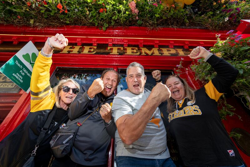 Pittsburgh Steelers fans Kathy Zimmerman, Robert Kelly, John Walsh and Eileen Walsh in Dublin's Temple Bar on Friday. Photograph: Tom Honan