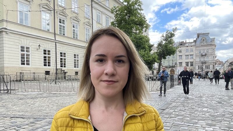Lesia, an IT worker in Lviv, is waiting for word of her mother, Olena, a Ukrainian military nurse who is thought to be in Russian captivity after spending three months in the besieged Azovstal factory in Mariupol. Photograph: Daniel McLaughlin