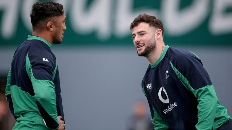 Bundee Aki and Robbie Henshaw line up in midfield against Wales. Photograph: Dan Sheridan/Inpho