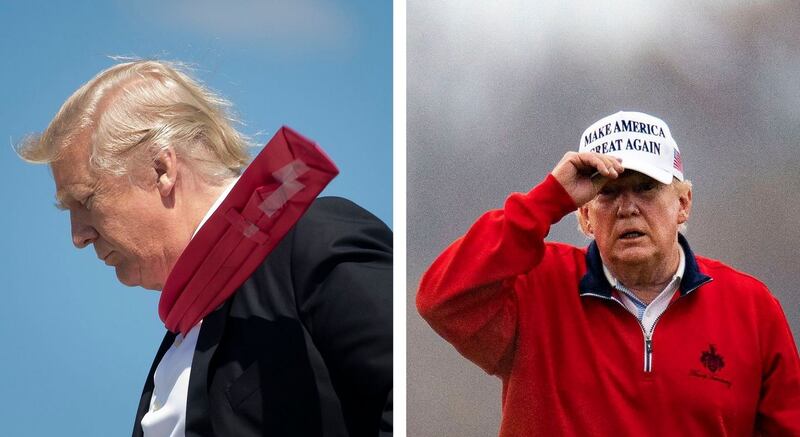 Donald Trump in Orlando, Florida, in 2017; and at Trump National Golf Club in Virginia in December 2020. Photographs: Stephen Crowley/The New York Times and Al Drago/Getty Images