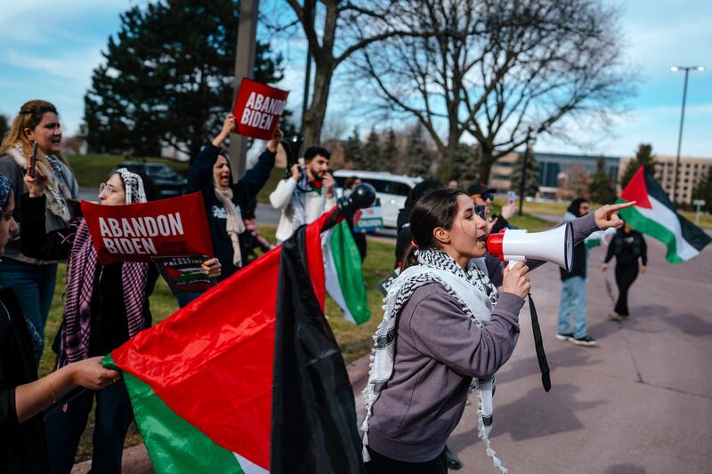Palestinian supporters protest outside a meeting of Biden administration officials with leaders in Michigan’s Arab American community, in Dearborn in February 2024. Vice President Kamala Harris has not strayed from President Biden on Israel policy, but she has taken a stronger tone on the suffering of Palestinians. Photograph: Nick Hagen/The New York Times
                      