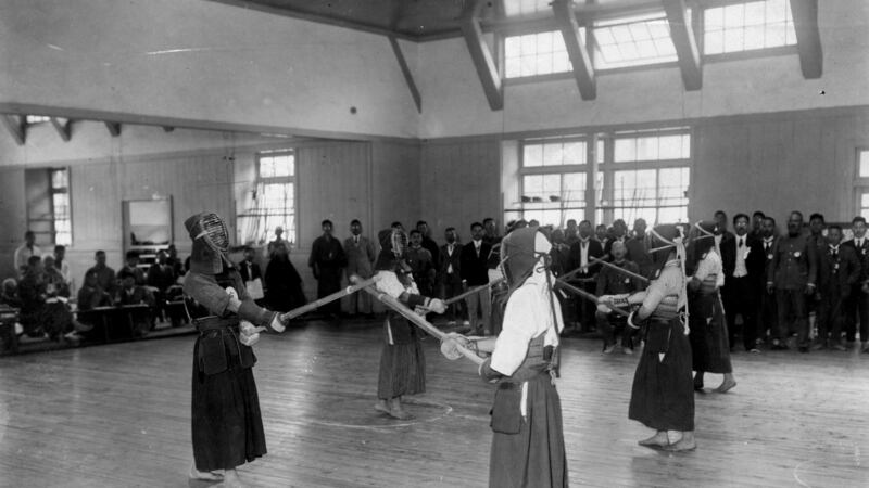 Young people learning Kendo, a Japanese sport similar to fencing, at the Joyama military school in Tokyo circa 1938. Photograph: General Photographic Agency/Getty Images