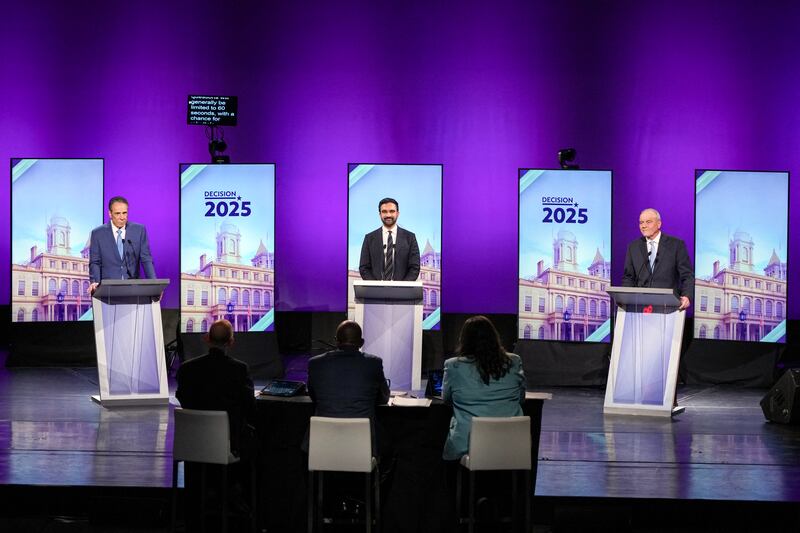 Former New York governor Andrew Cuomo,  Democratic candidate Zohran Mamdani and Republican candidate Curtis Sliwa participate in the second New York City mayoral debate in Long Island City October 22nd. Photograph: Hiroko Masuike/Pool/AFP via Getty