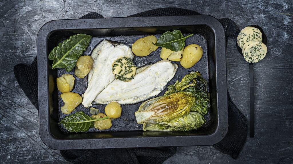 Plaice with new potatoes, Little Gems and sea beet butter
