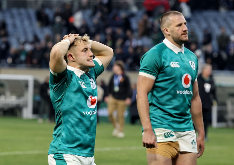 Ireland's Craig Casey dejected after the defeat to New Zealand. Photograph: Dan Sheridan/Inpho