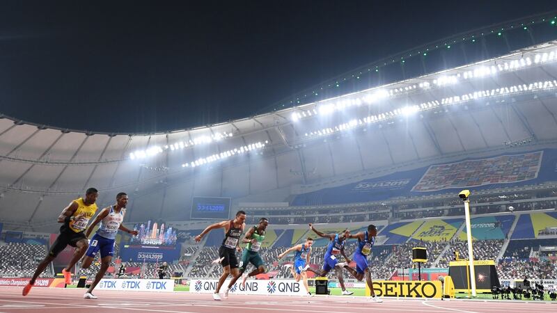 Christian Coleman  crosses the finish line to win the men’s 100m final.  Photograph: Jewel Samad/AFP/Getty Images