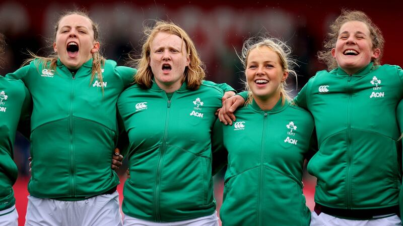 Aoife Wafer (second from left) signing the anthems on her Ireland debut, the  Six Nations victory over Italy at Musgrave Park. Photograph: Ryan Byrne/Inpho