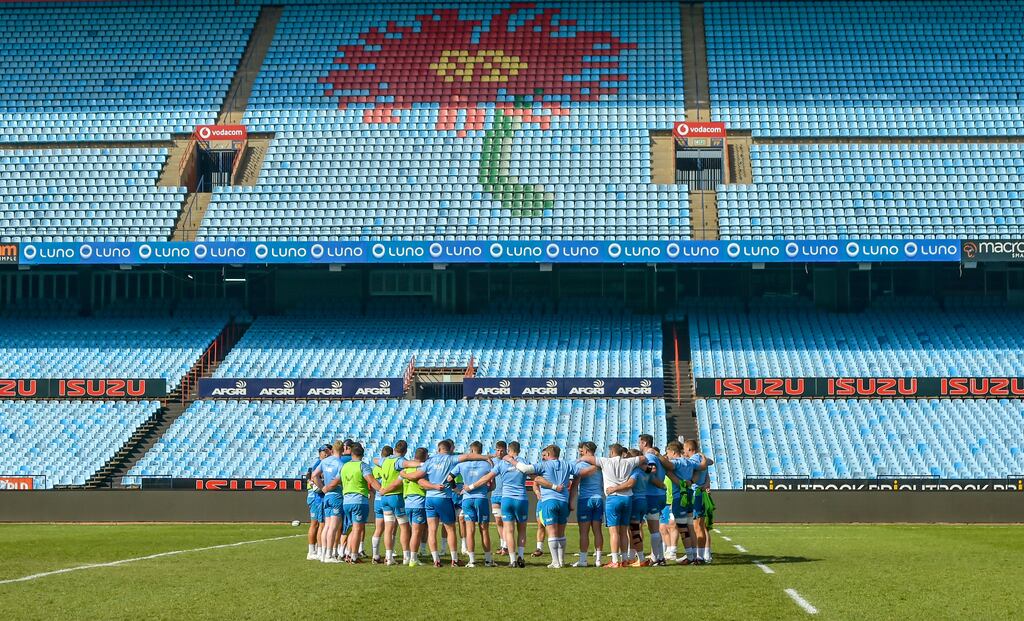Leinster in a team huddle during their Captain’s Run at  Loftus Versfeld, South Africa. Photograph: Christiaan Kotze/Steve Haag Sports/Inpho
