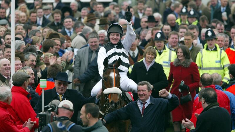 Barry Geraghty after winning the 2003 Queen Mother Champion Chase on Moscow Flyer at Cheltenham. Photograph:   Patrick Bolger/Inpho