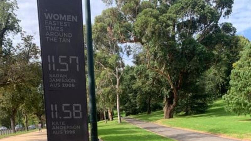 The women’s record times for The Tan are displayed at the Botanical Gardens in Melbourne. Photograph: Riley Wolff