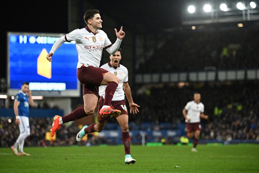 Manchester City's Julian Alvarez celebrates after scoring his team's second goal from the penalty spot during the Premier League game against Everton at Goodison Park. Photograph: Paul Ellis/AFP via Getty Images