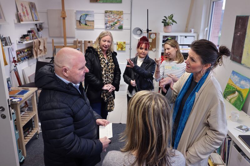Jimmy Fitzpatrick in the new Artane Artists' Studio with artists Sharon O’Callaghan, Malene Jacobsen Brazel and Cara Thorpe. Photograph: Dara Mac Dónaill 


