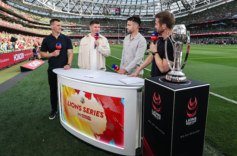 Owen Farrell (second from left) on punditry duty before the British and Irish Lions-Argentina match in Dublin last month. Photograph: Billy Stickland/Inpho